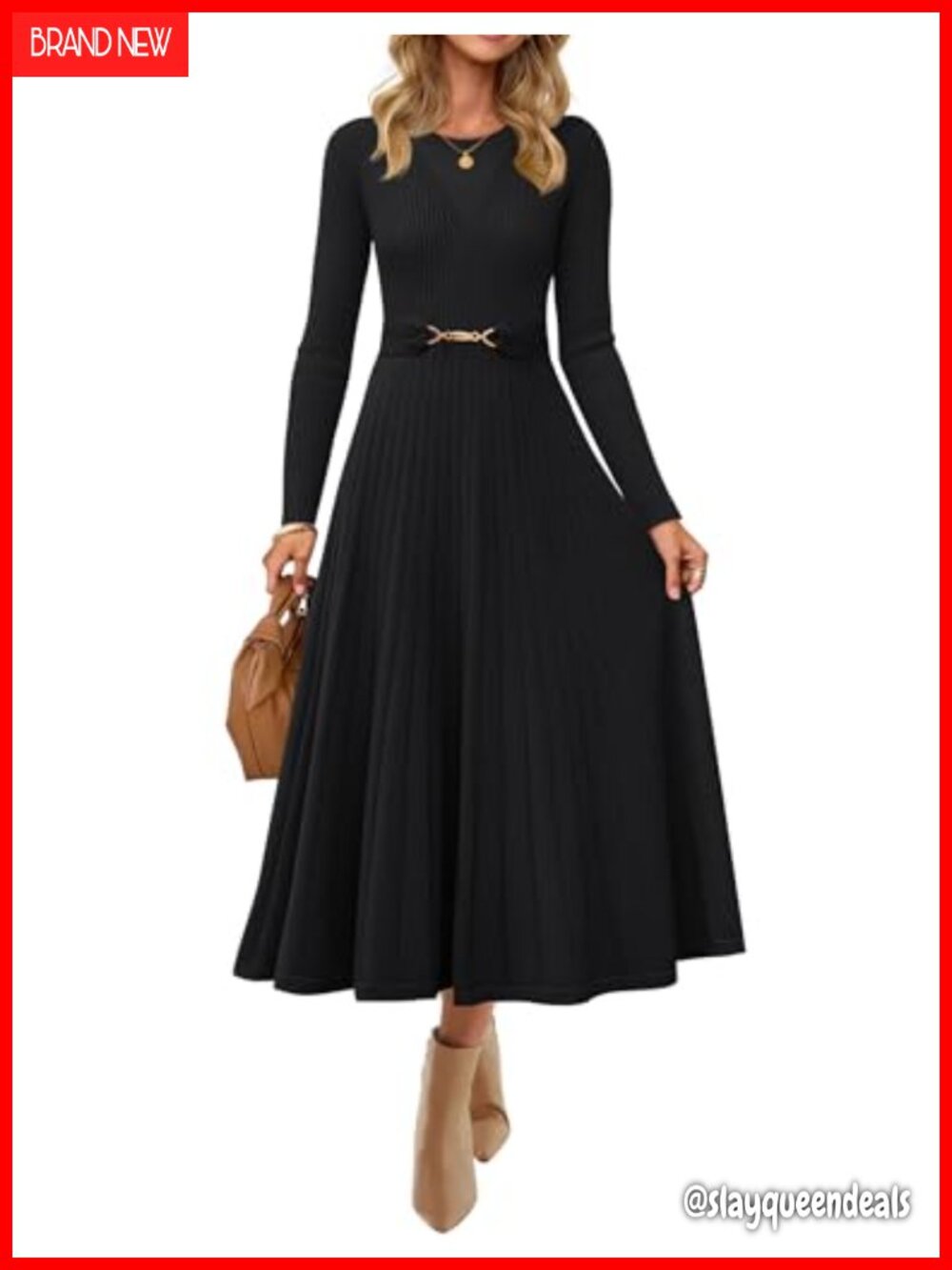Pleated Midi Sweater Dress Long Sleeve Crew Neck Belted Fall Winter